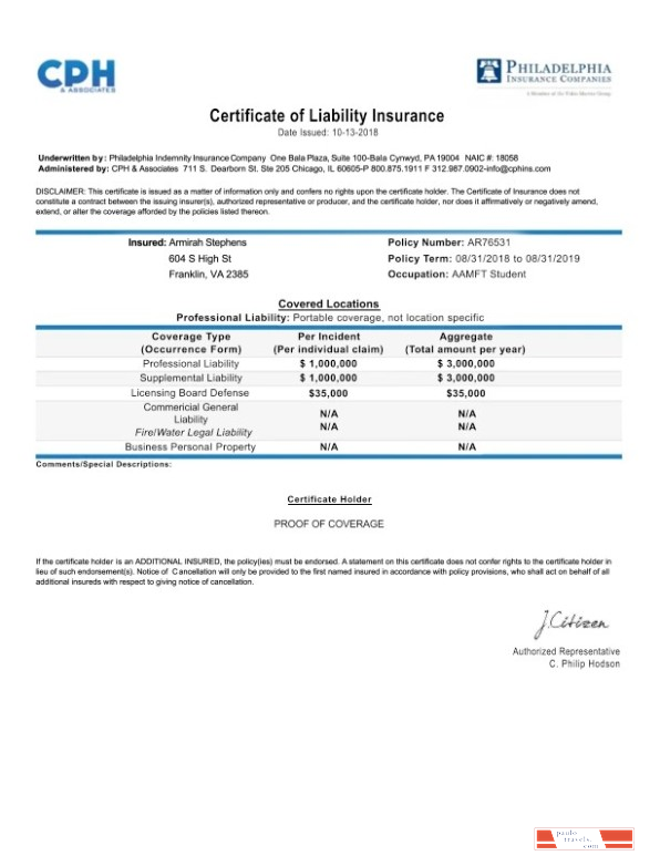 USA Pennsylvania Certificate of Liability Insurance